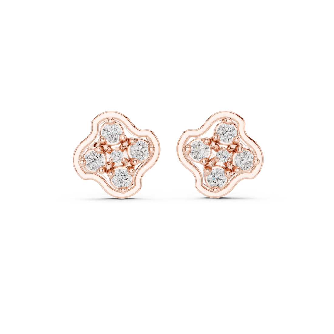 Round Diamond Floral Cluster Stud Earrings with Scalloped Halo