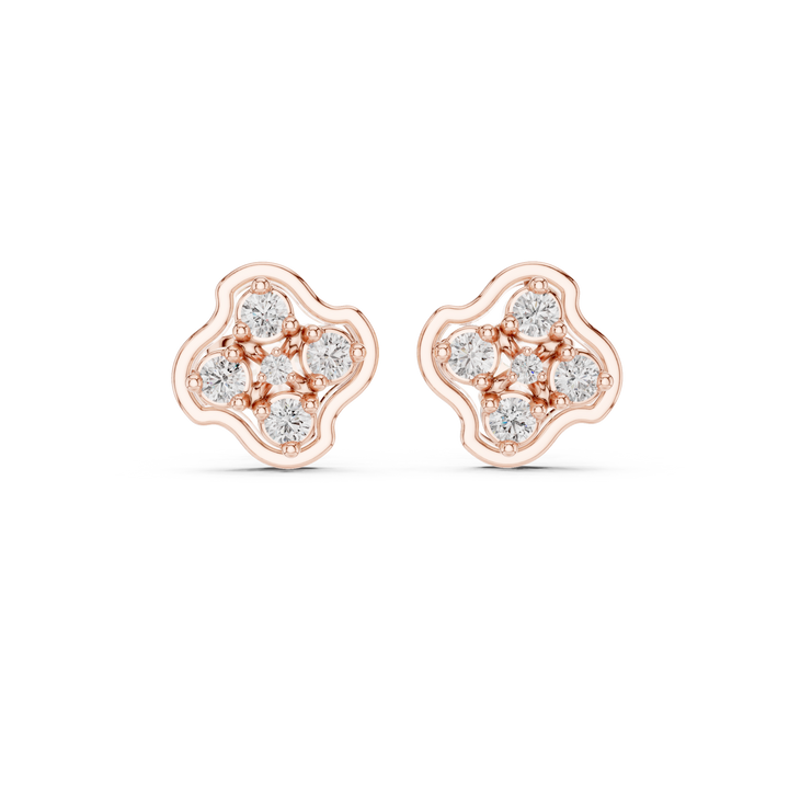 Round Diamond Floral Cluster Stud Earrings with Scalloped Halo