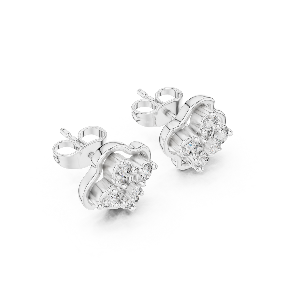 Round Diamond Floral Cluster Stud Earrings with Scalloped Halo