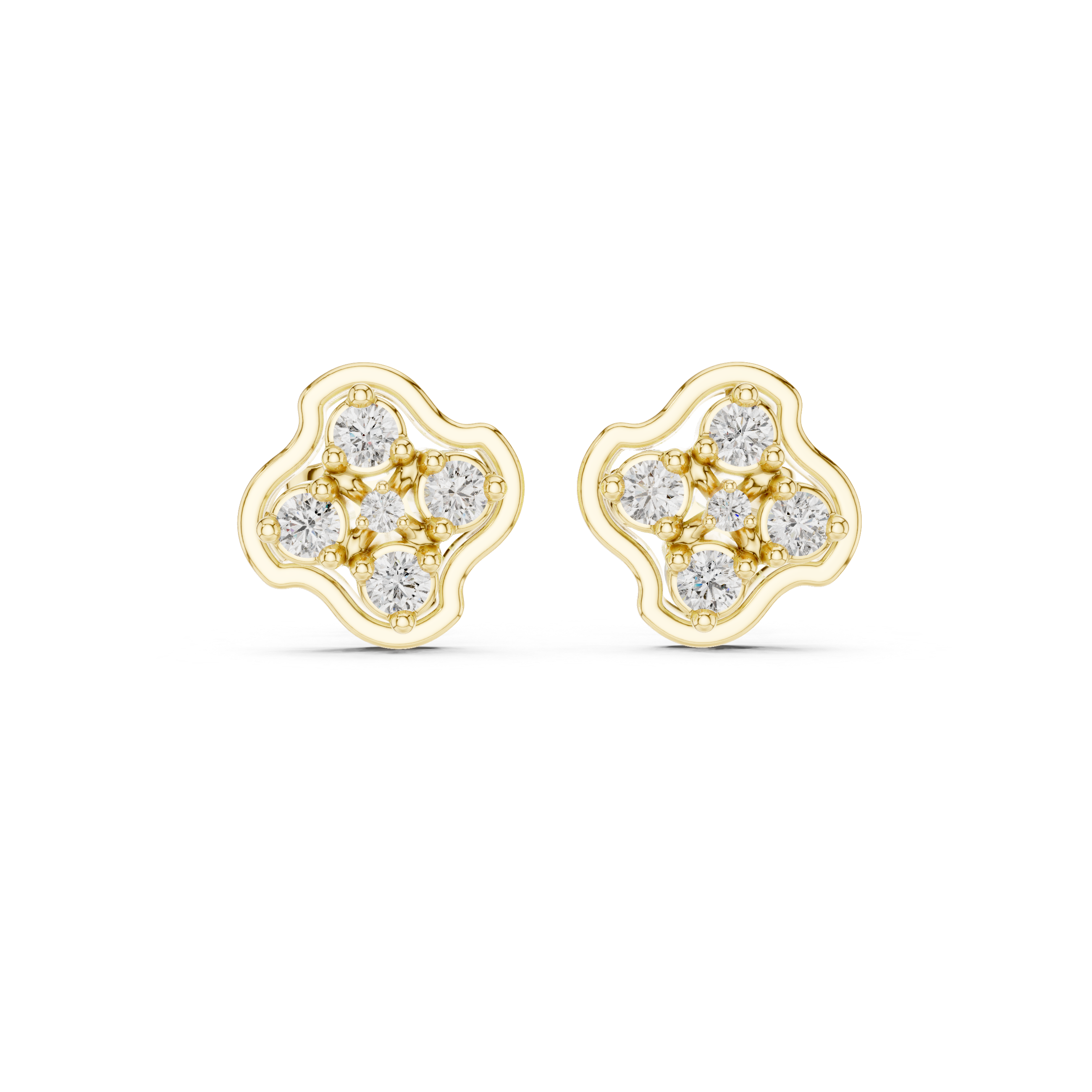 Round Diamond Floral Cluster Stud Earrings with Scalloped Halo