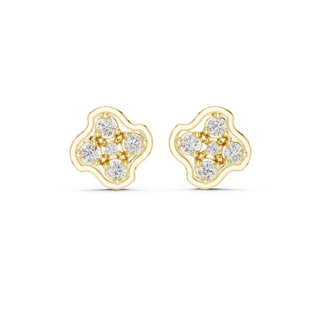 Round Diamond Floral Cluster Stud Earrings with Scalloped Halo
