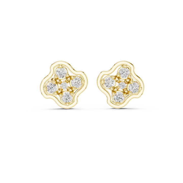 Round Diamond Floral Cluster Stud Earrings with Scalloped Halo