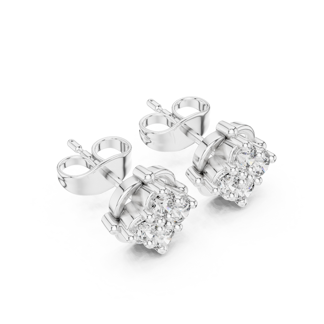 Round Diamond Floral Cluster Stud Earrings in Classic Collet Setting