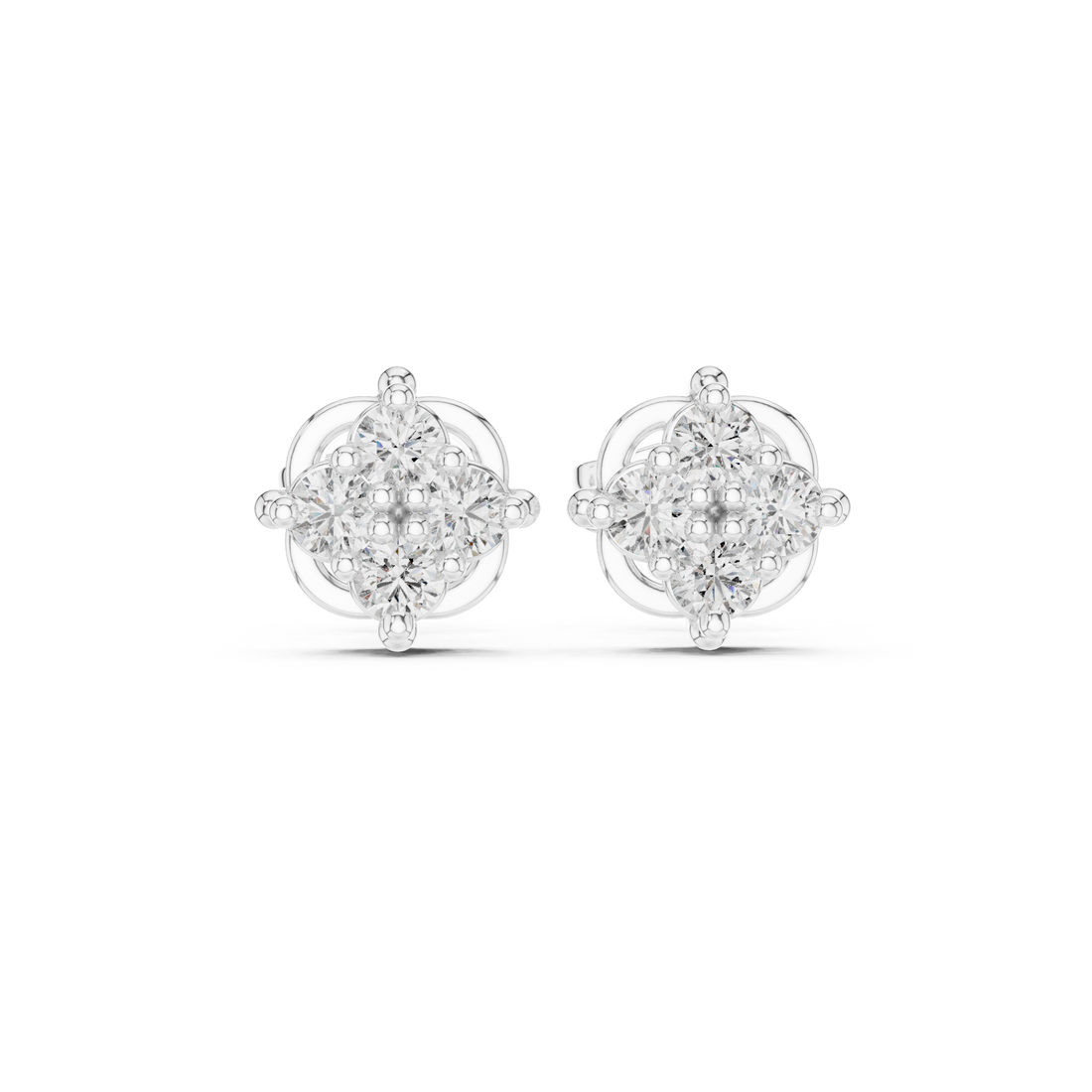 Round Diamond Floral Cluster Stud Earrings in Classic Collet Setting