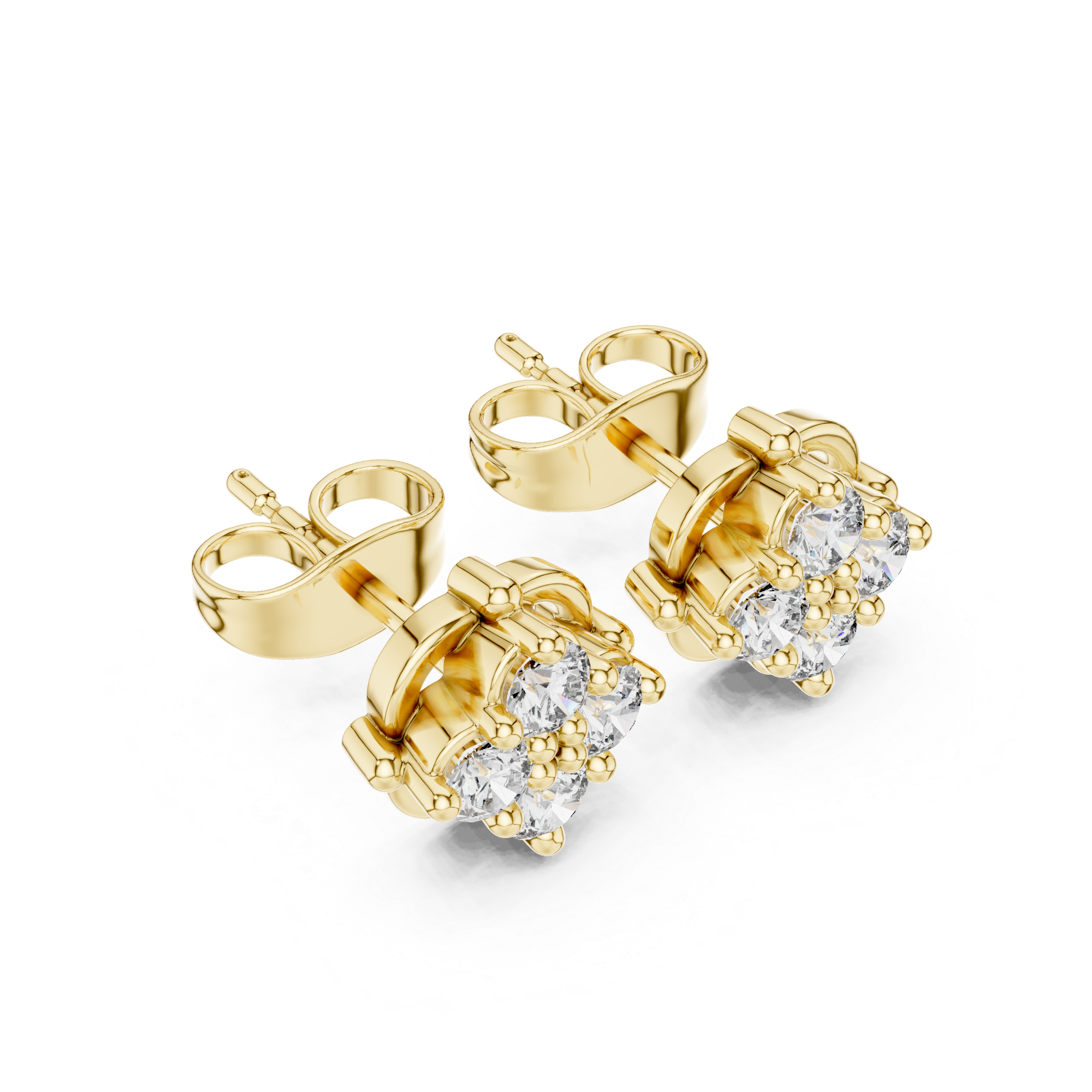 Round Diamond Floral Cluster Stud Earrings in Classic Collet Setting