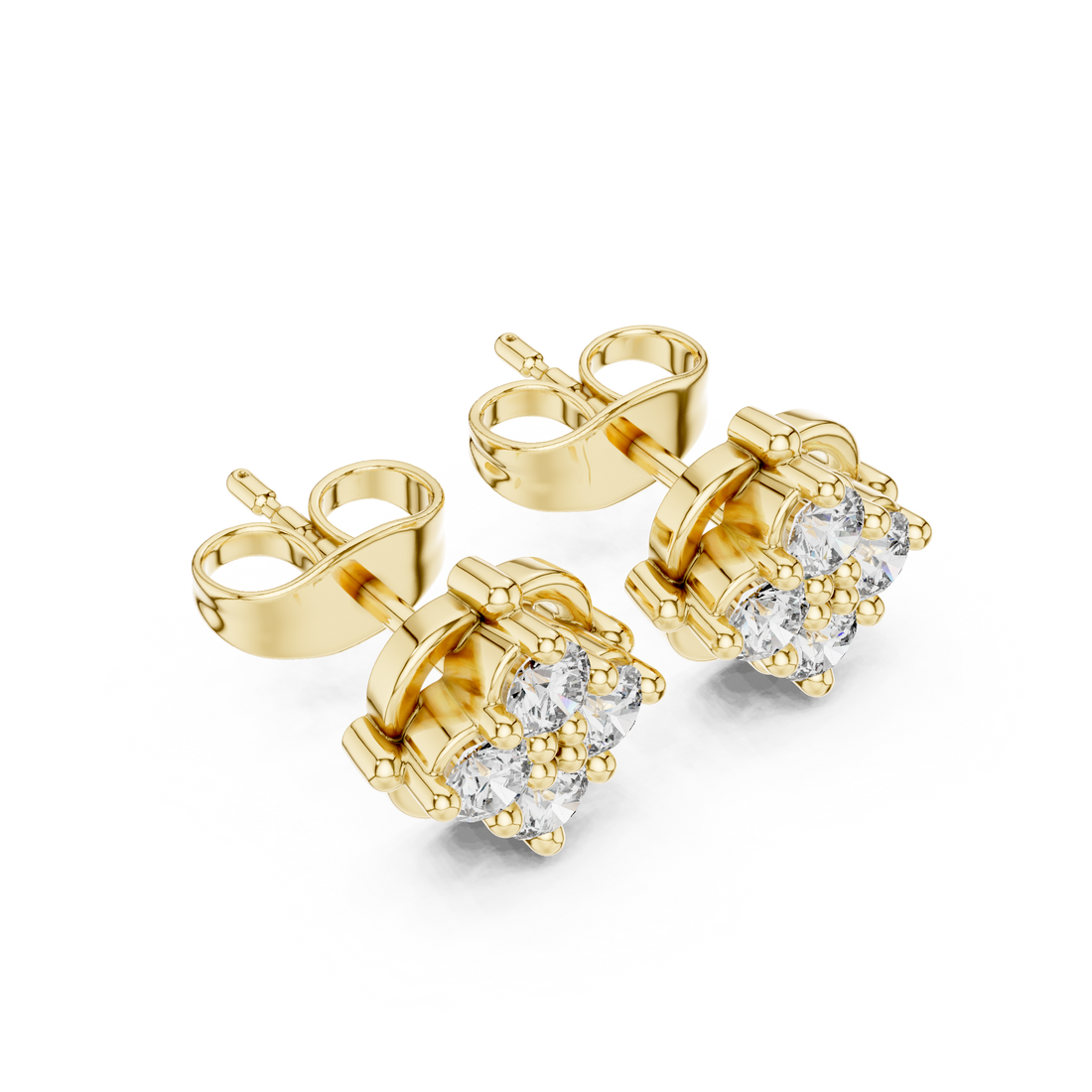 Round Diamond Floral Cluster Stud Earrings in Classic Collet Setting