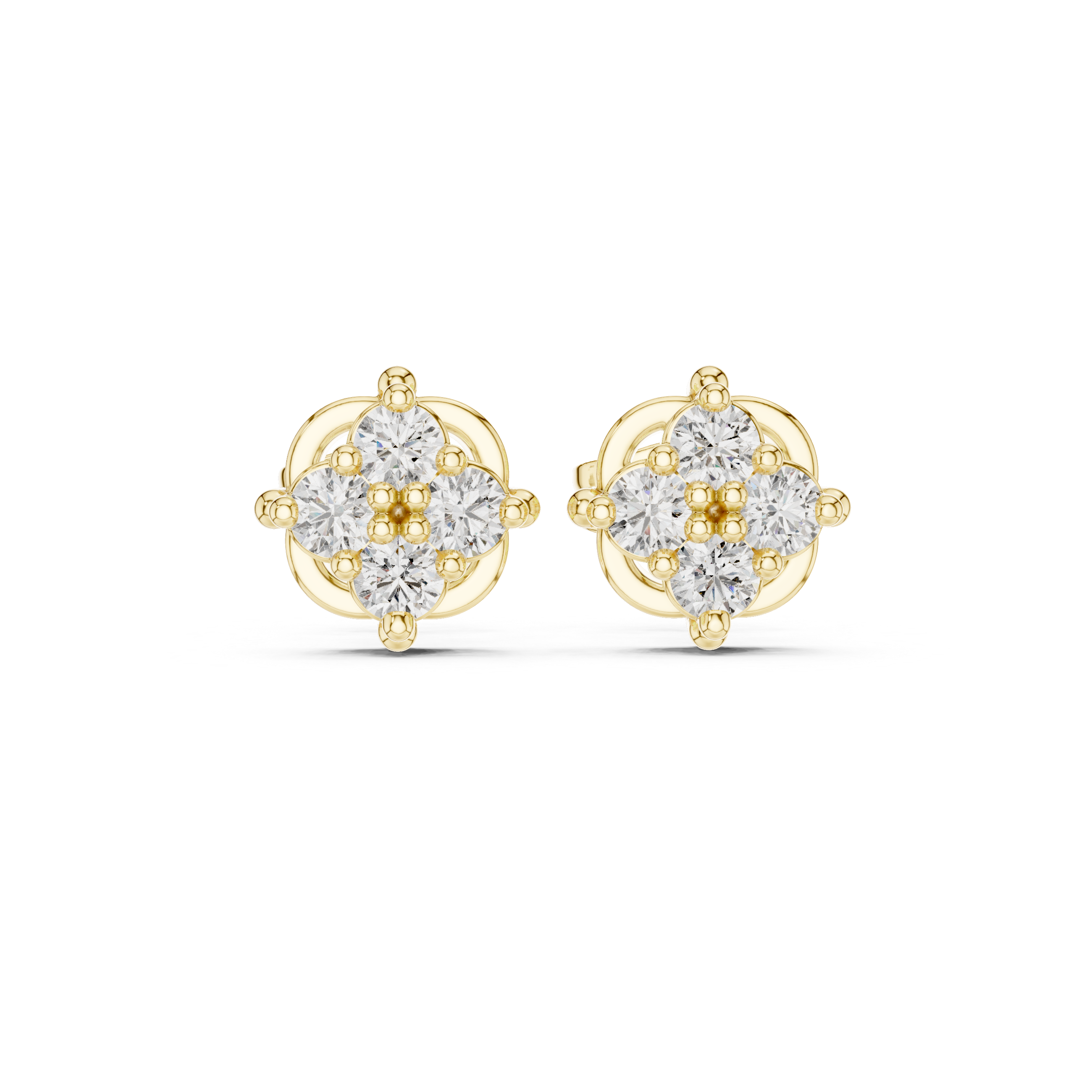 Round Diamond Floral Cluster Stud Earrings in Classic Collet Setting