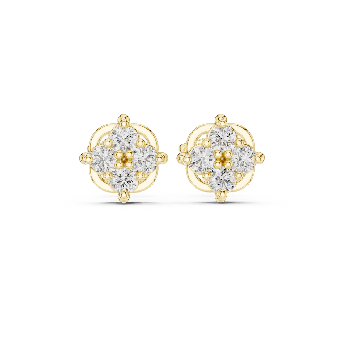 Round Diamond Floral Cluster Stud Earrings in Classic Collet Setting