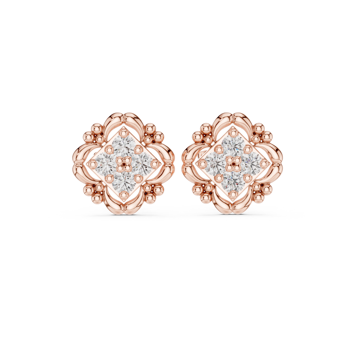 Round Brilliant Diamond Vintage Floral Cluster Square Stud Earrings
