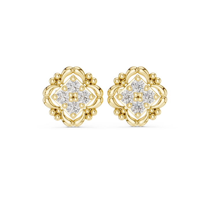 Round Brilliant Diamond Vintage Floral Cluster Square Stud Earrings