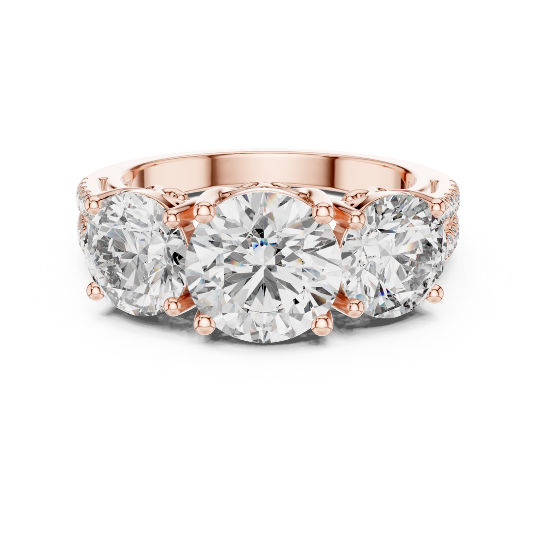 Round Cut Three Stone Diamond Band Ring with Sculpted Prong Setting