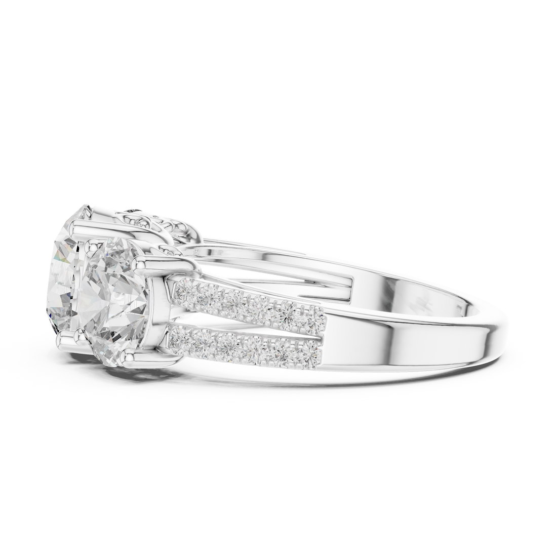 Round Cut Three Stone Diamond Band Ring with Sculpted Prong Setting