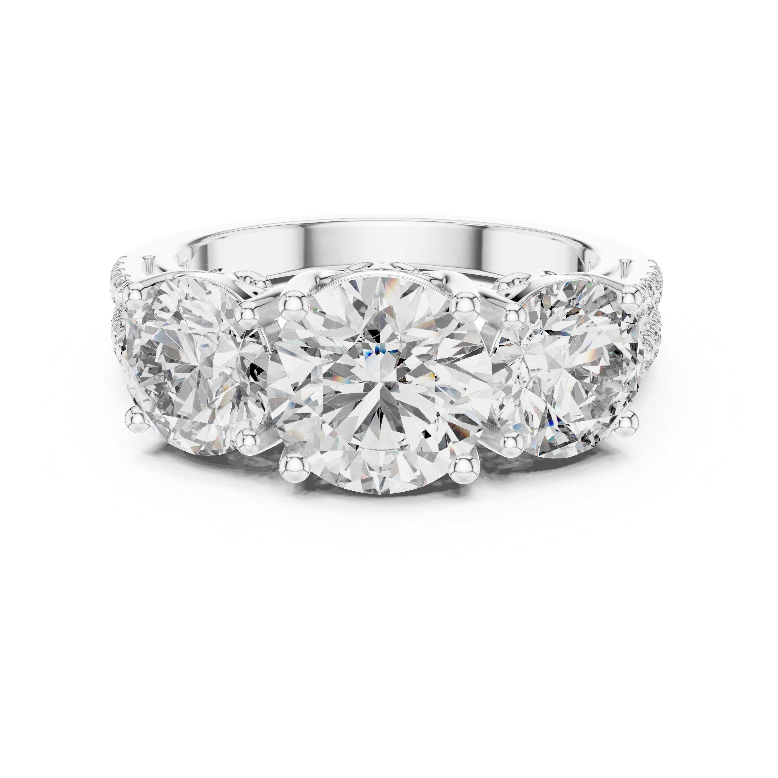 Round Cut Three Stone Diamond Band Ring with Sculpted Prong Setting