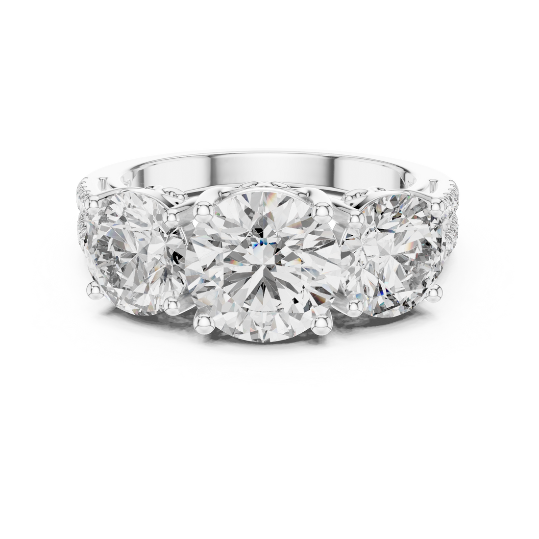 Round Cut Three Stone Diamond Band Ring with Sculpted Prong Setting