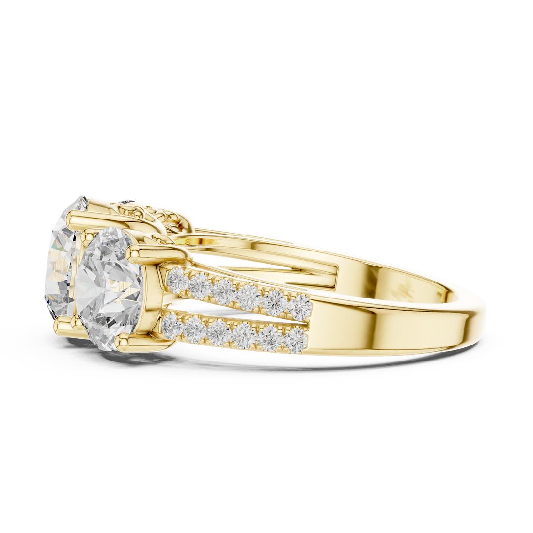 Round Cut Three Stone Diamond Band Ring with Sculpted Prong Setting