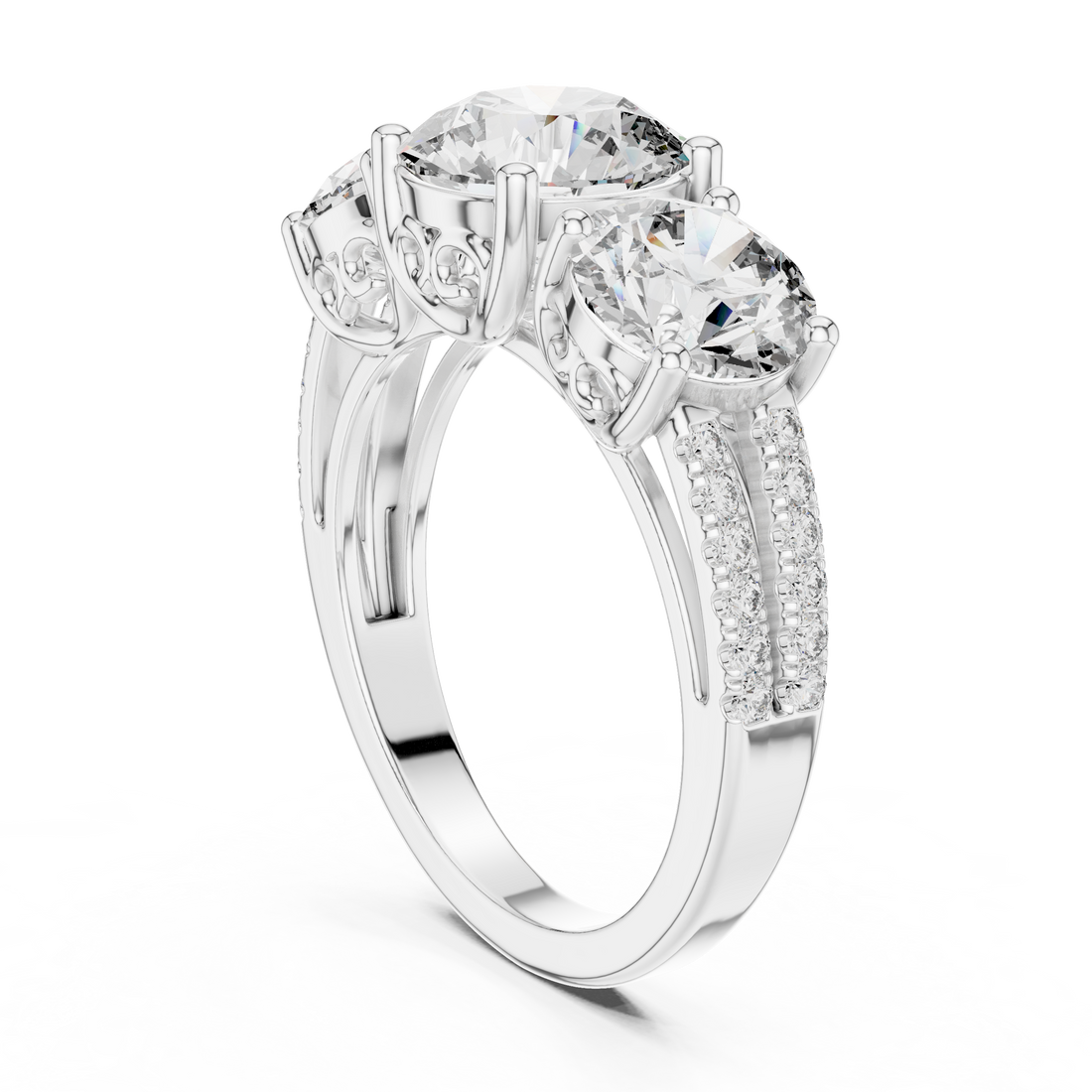 Round Cut Three Stone Diamond Band Ring with Sculpted Prong Setting