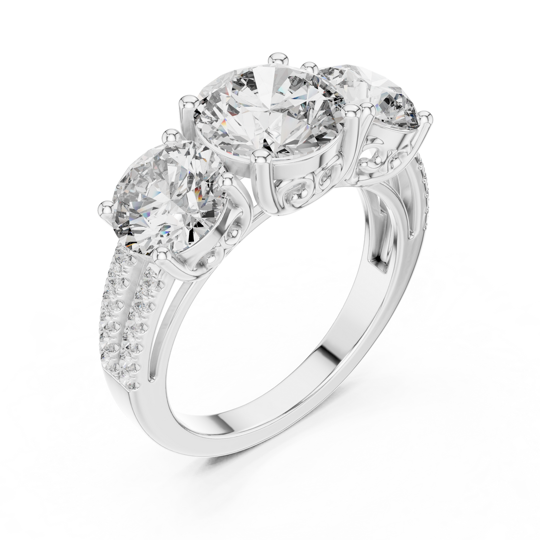 Round Cut Three Stone Diamond Band Ring with Sculpted Prong Setting