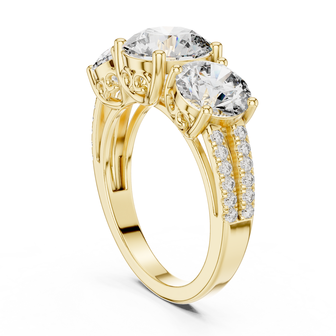 Round Cut Three Stone Diamond Band Ring with Sculpted Prong Setting