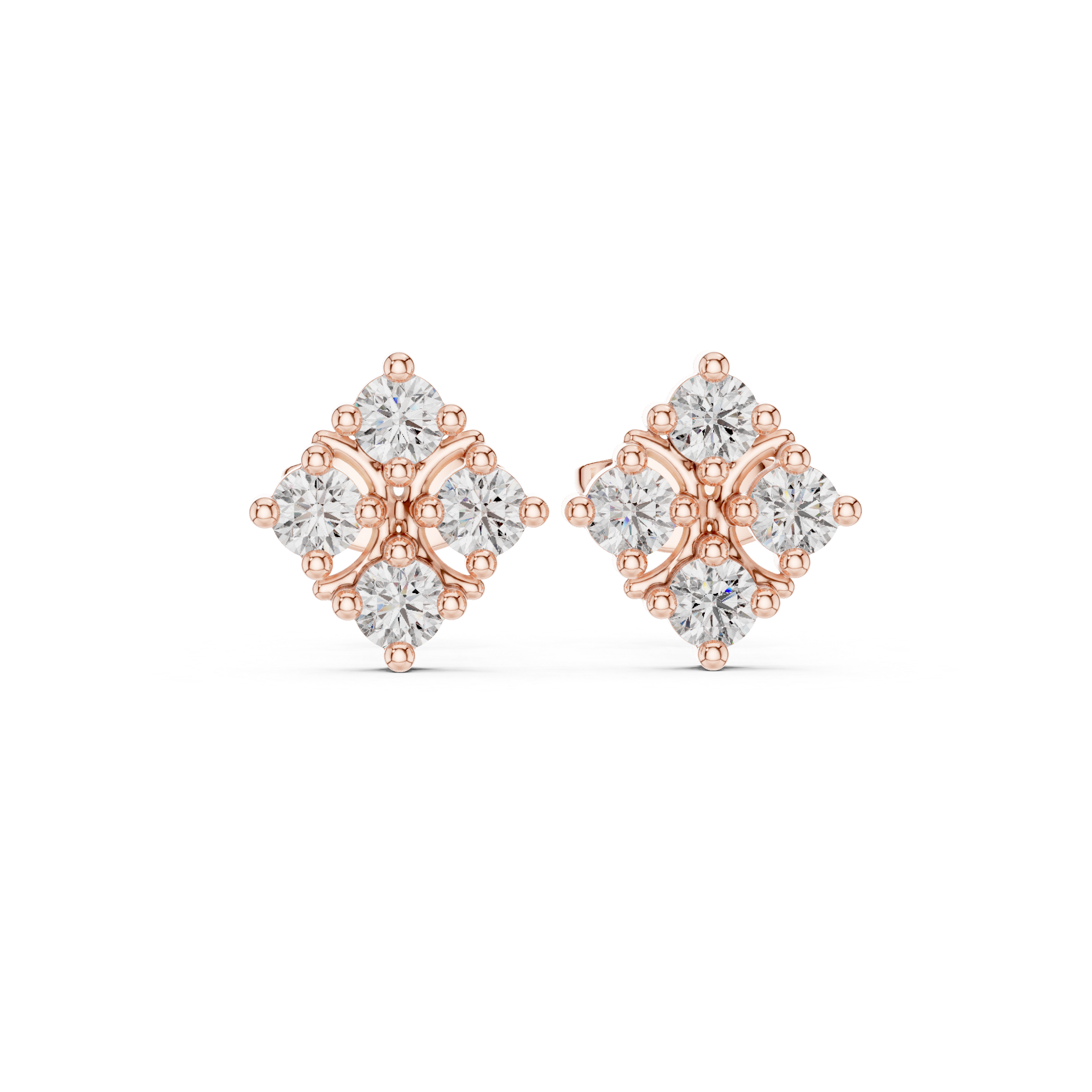 Round Brilliant Diamond Floral Cluster Quatrefoil Stud Earrings