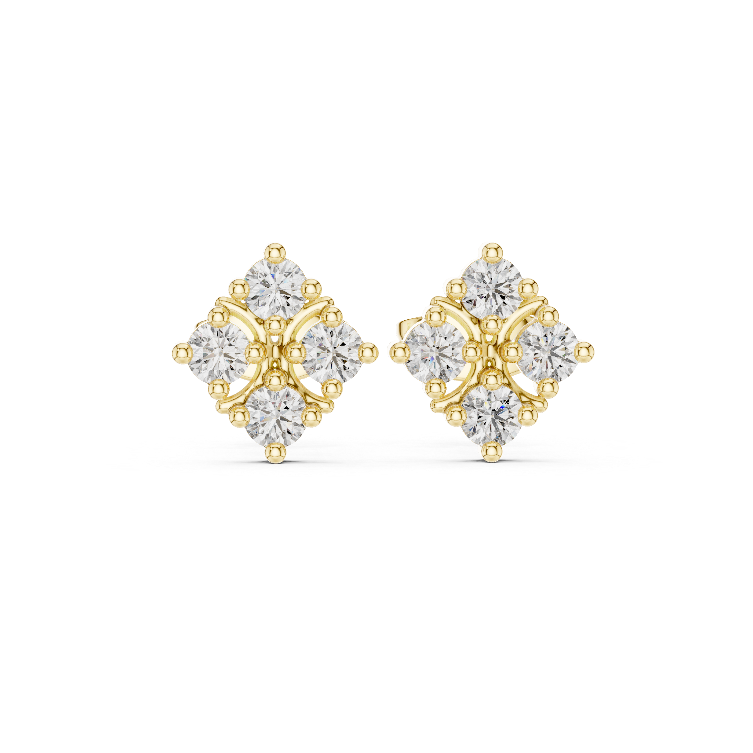 Round Brilliant Diamond Floral Cluster Quatrefoil Stud Earrings