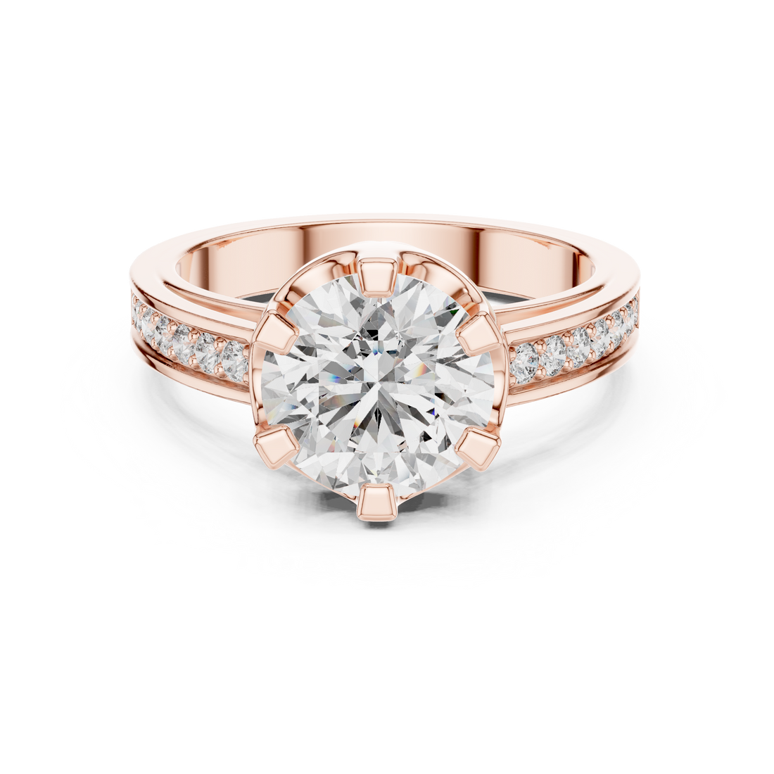 Round Cut Solitaire Diamond Ring with Pavé Side Stone Band