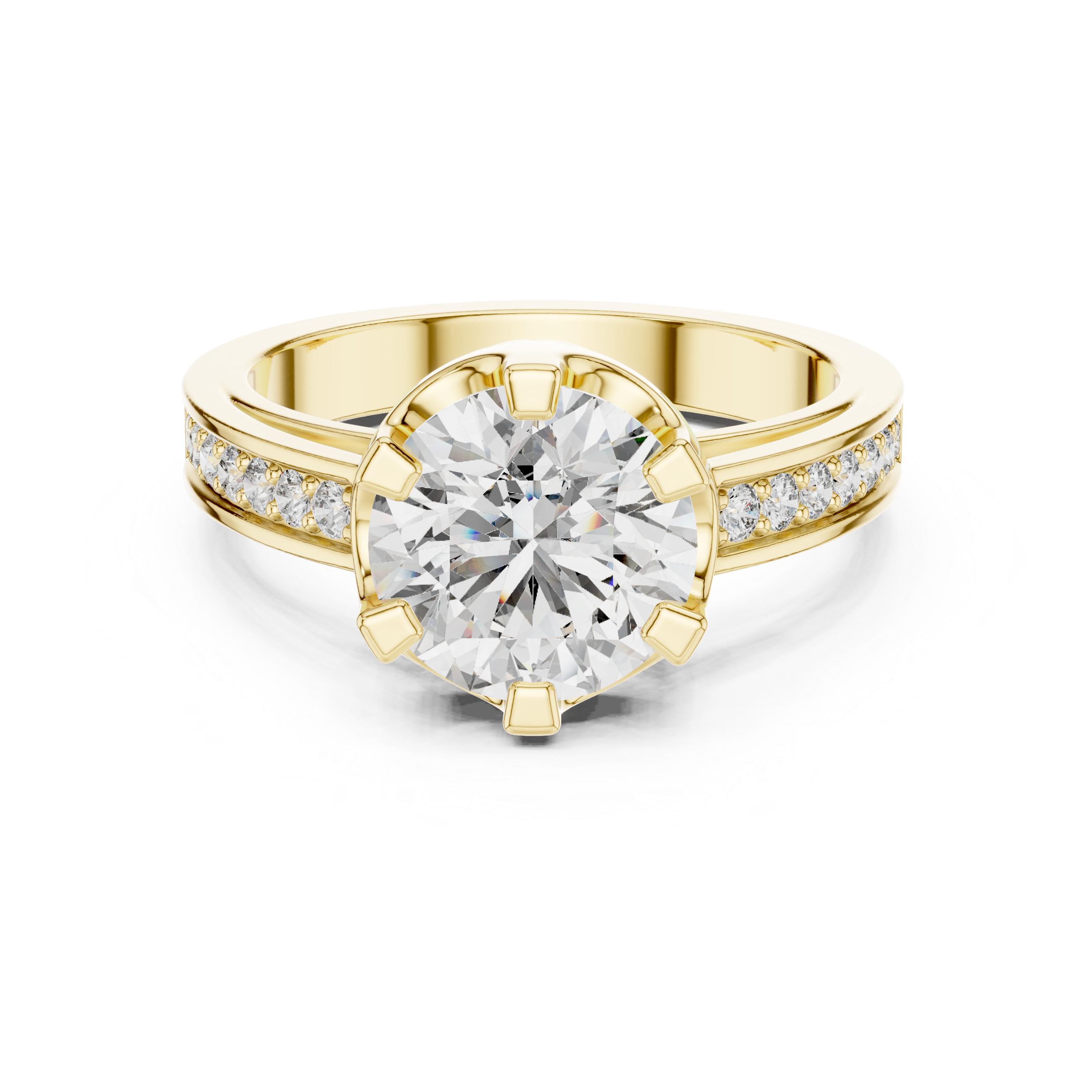 Round Cut Solitaire Diamond Ring with Pavé Side Stone Band