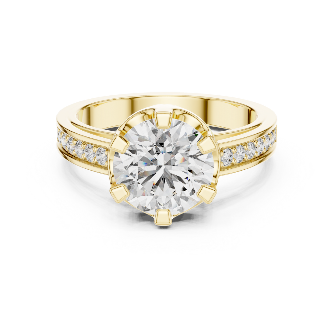 Round Cut Solitaire Diamond Ring with Pavé Side Stone Band
