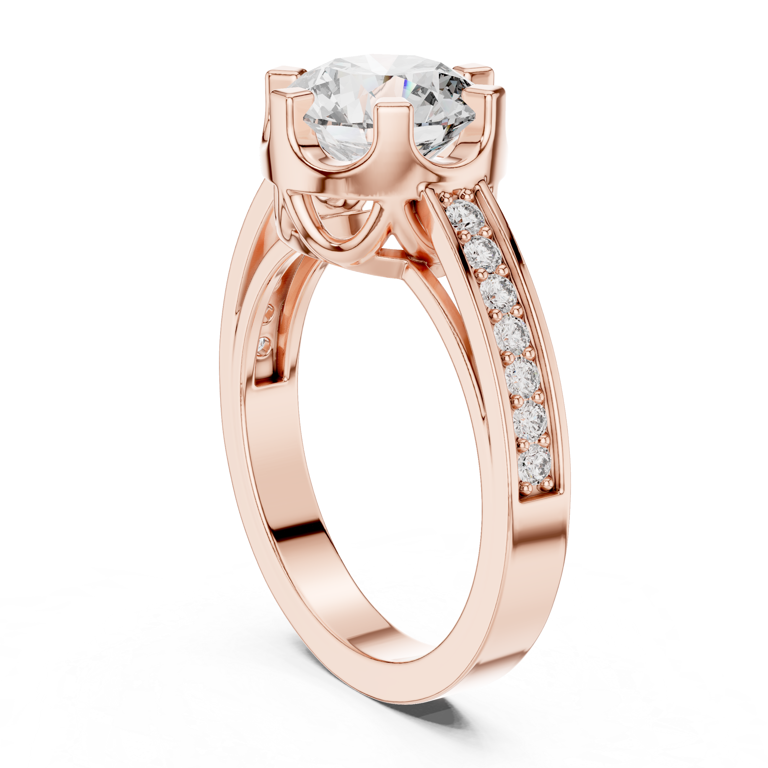 Round Cut Solitaire Diamond Ring with Pavé Side Stone Band