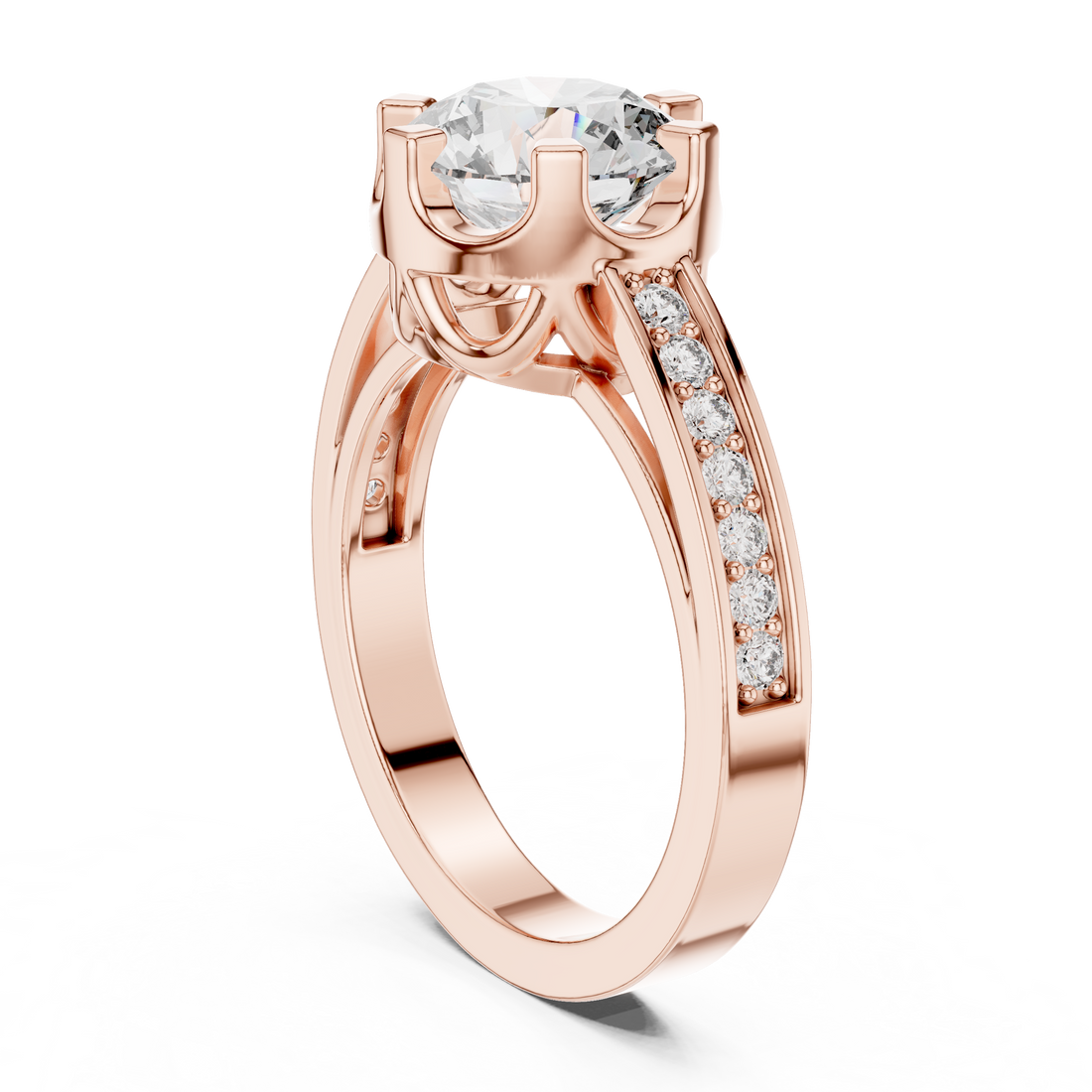 Round Cut Solitaire Diamond Ring with Pavé Side Stone Band