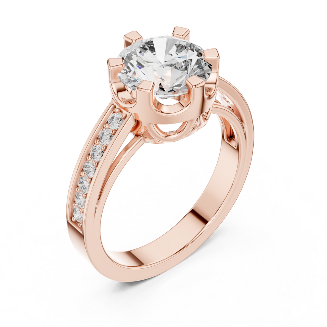 Round Cut Solitaire Diamond Ring with Pavé Side Stone Band