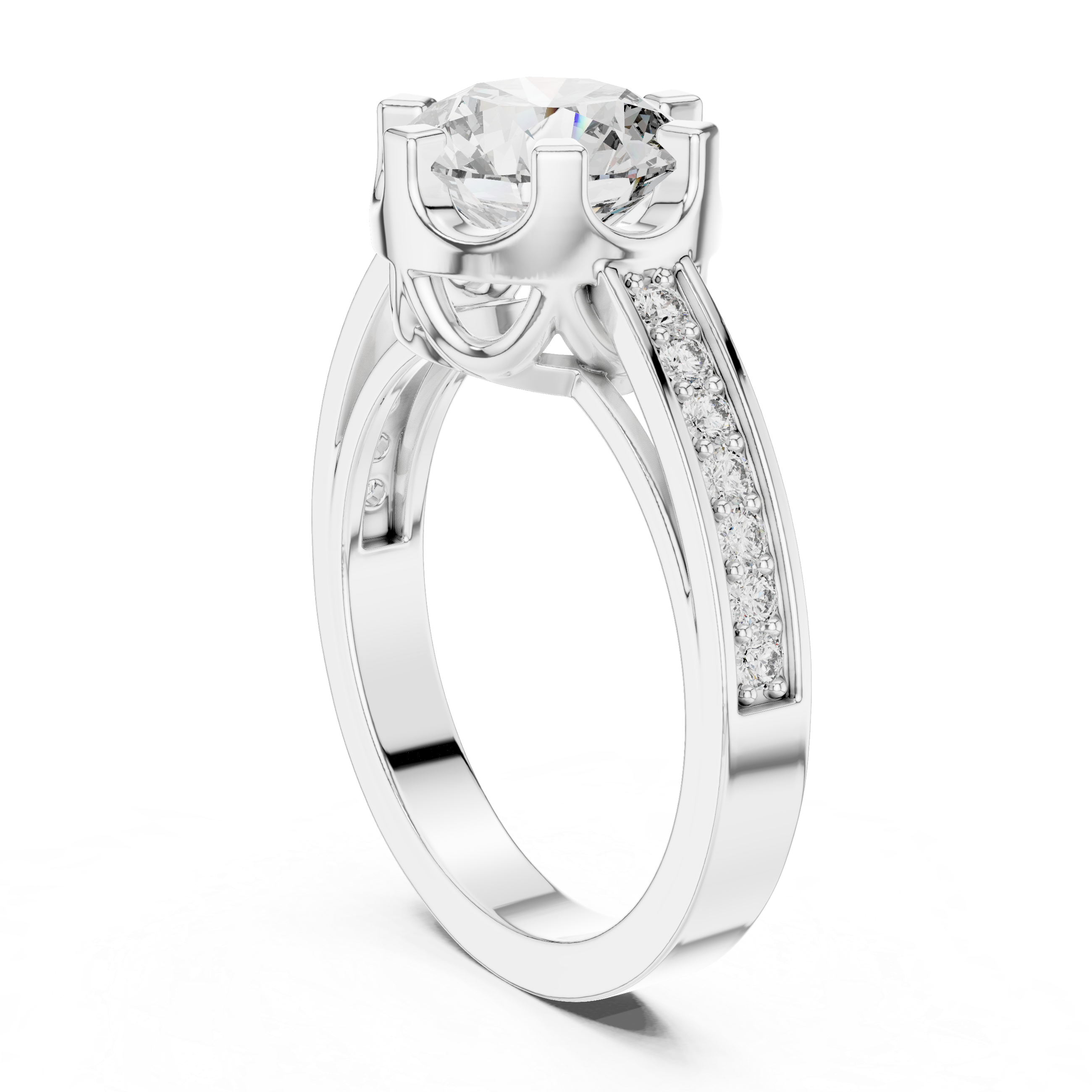 Round Cut Solitaire Diamond Ring with Pavé Side Stone Band