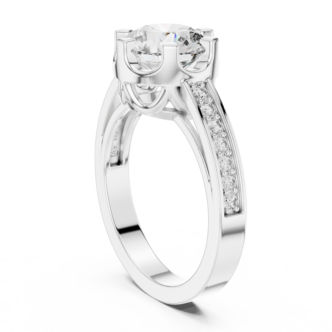 Round Cut Solitaire Diamond Ring with Pavé Side Stone Band