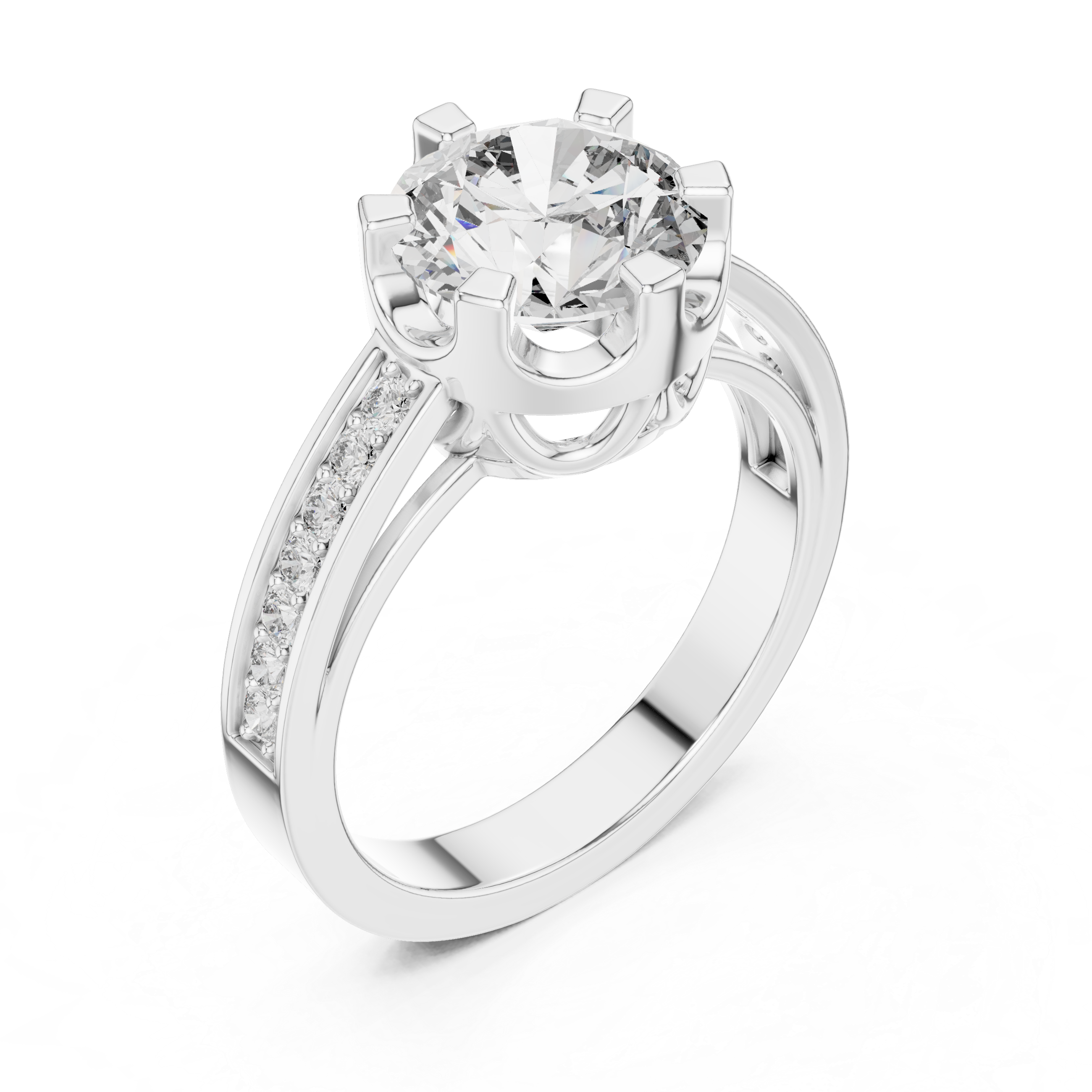 Round Cut Solitaire Diamond Ring with Pavé Side Stone Band