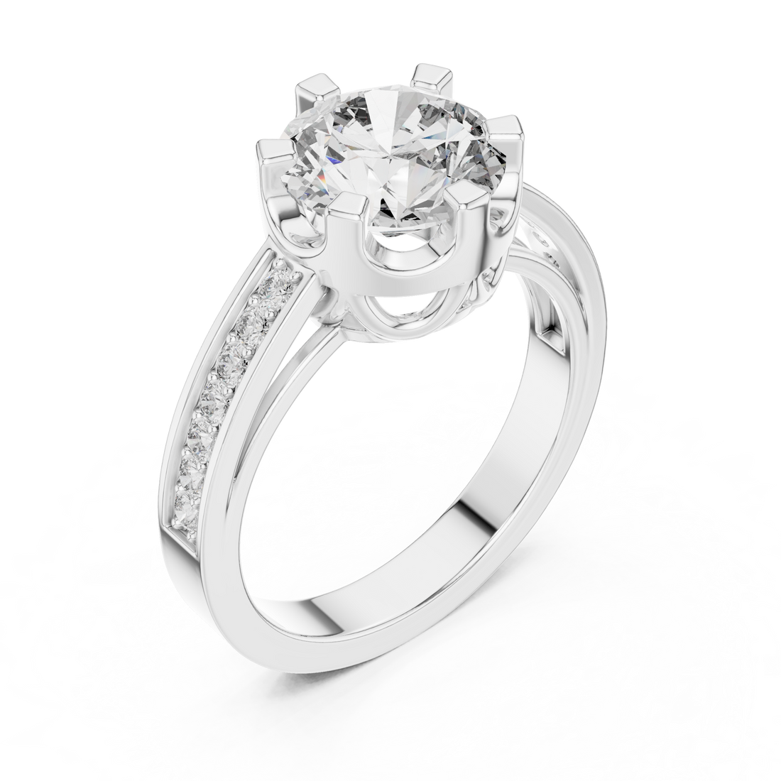 Round Cut Solitaire Diamond Ring with Pavé Side Stone Band