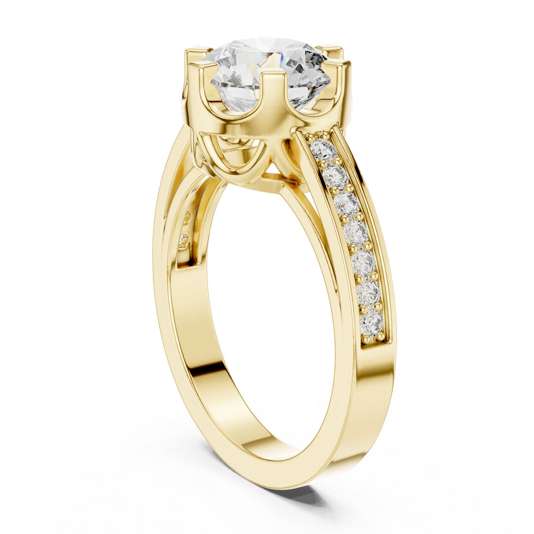 Round Cut Solitaire Diamond Ring with Pavé Side Stone Band