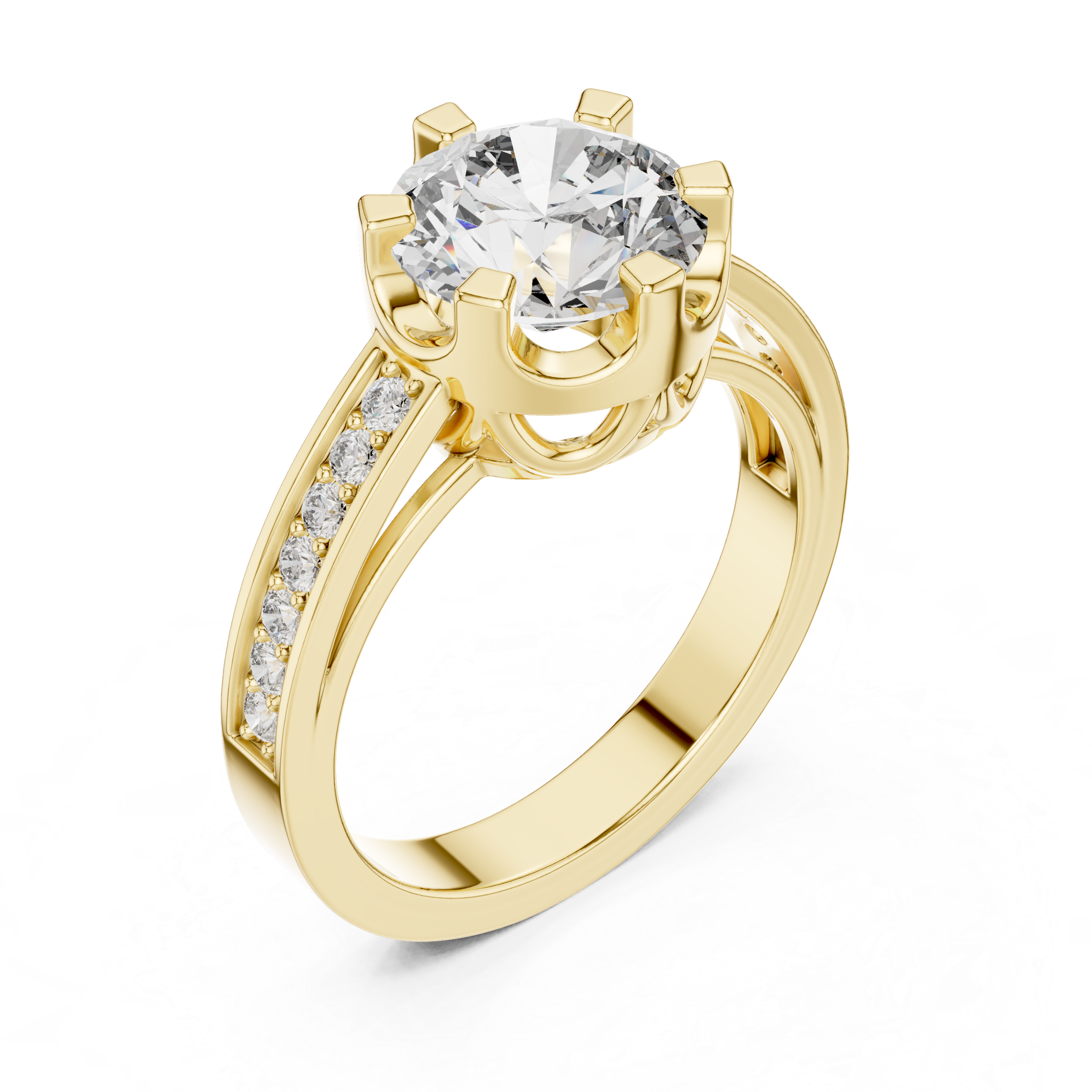 Round Cut Solitaire Diamond Ring with Pavé Side Stone Band