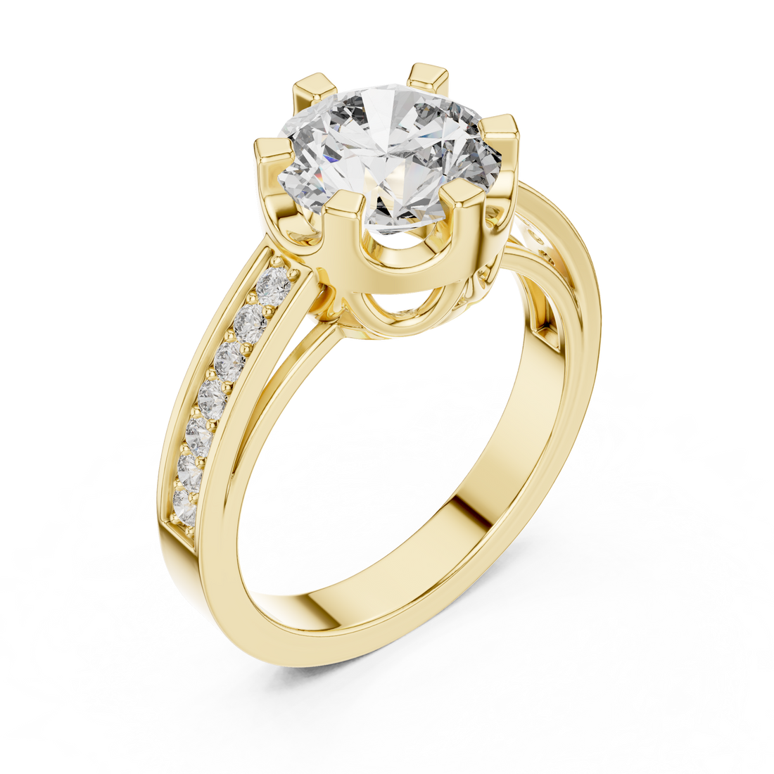 Round Cut Solitaire Diamond Ring with Pavé Side Stone Band