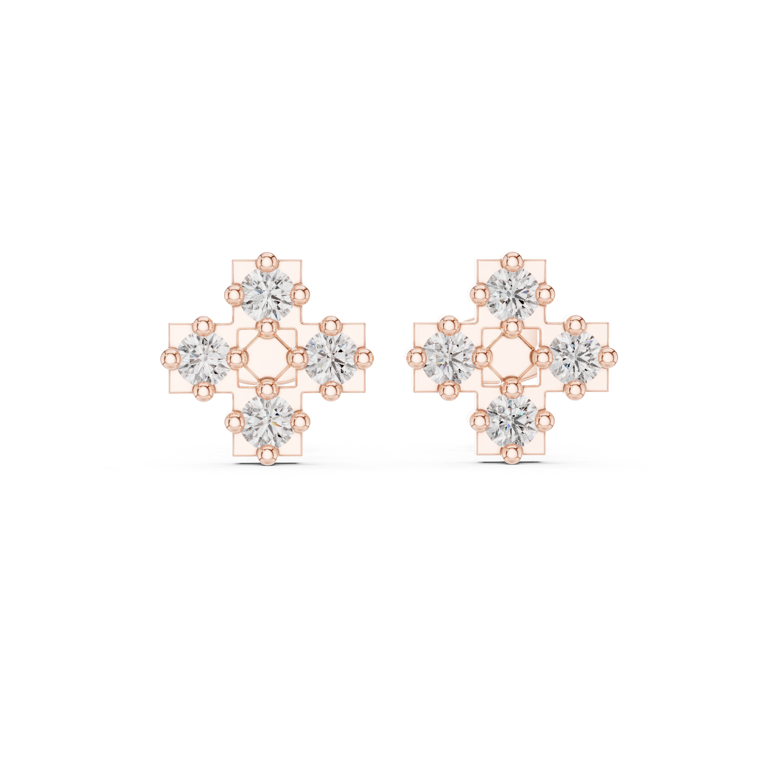 Round Diamond Cluster Cross Motif Geometric Stud Earrings