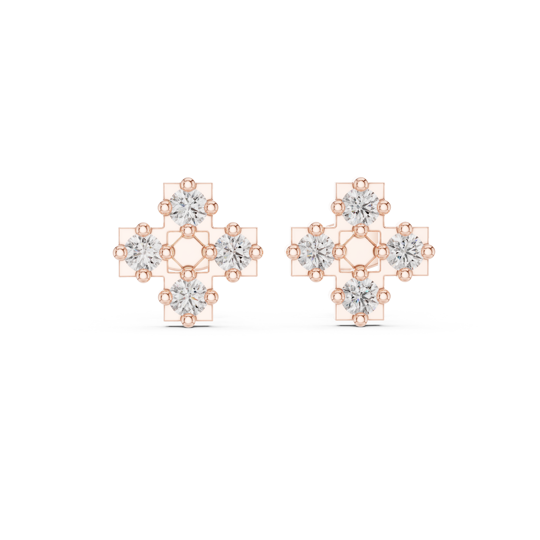 Round Diamond Cluster Cross Motif Geometric Stud Earrings