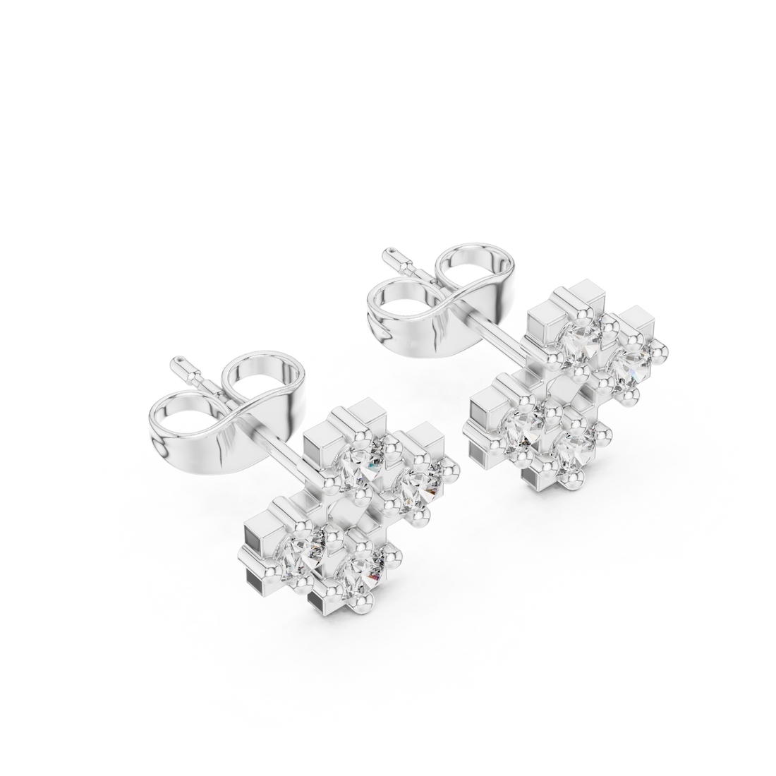 Round Diamond Cluster Cross Motif Geometric Stud Earrings