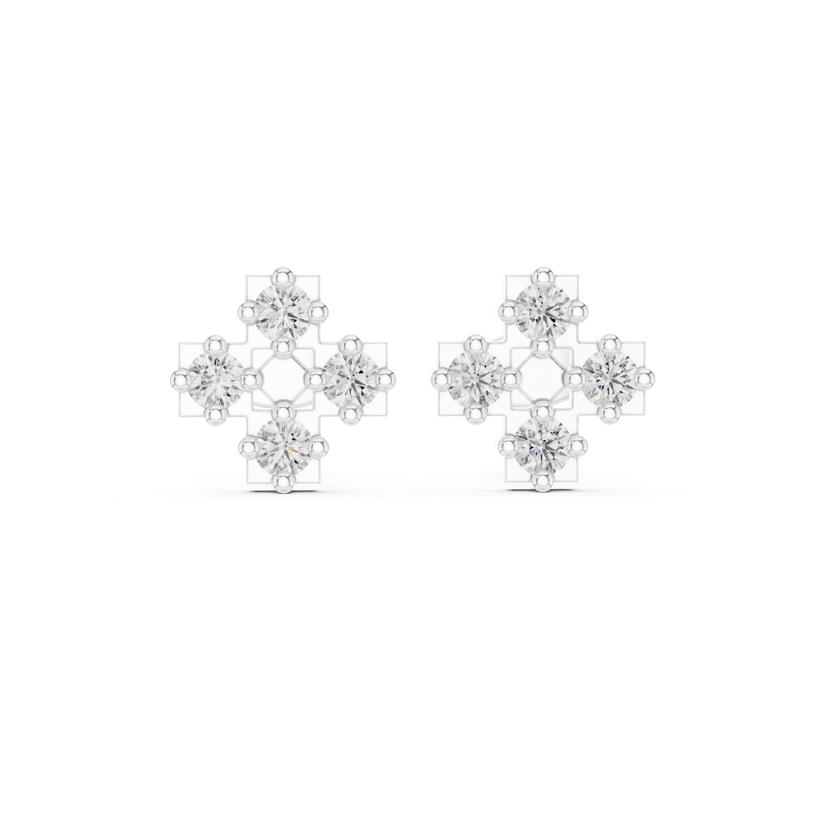 Round Diamond Cluster Cross Motif Geometric Stud Earrings
