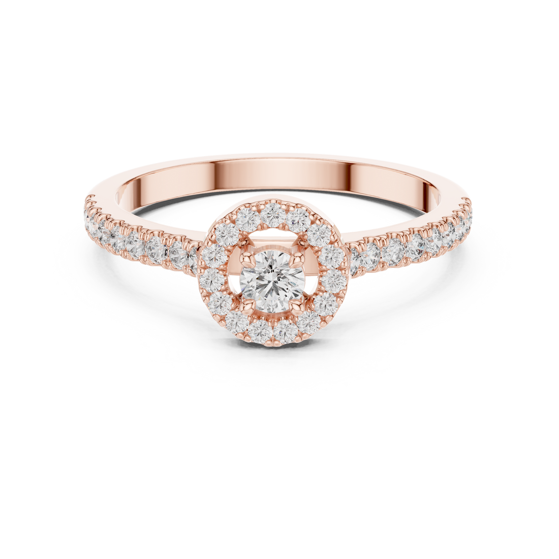 Round Cut Diamond Halo Solitaire Ring with Pavé Side Stones