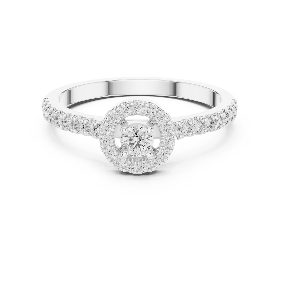 Round Cut Diamond Halo Solitaire Ring with Pavé Side Stones