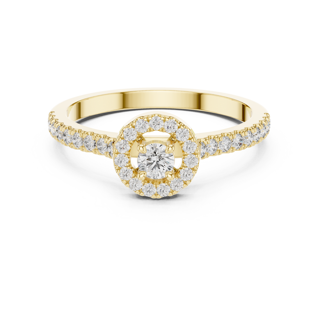 Round Cut Diamond Halo Solitaire Ring with Pavé Side Stones
