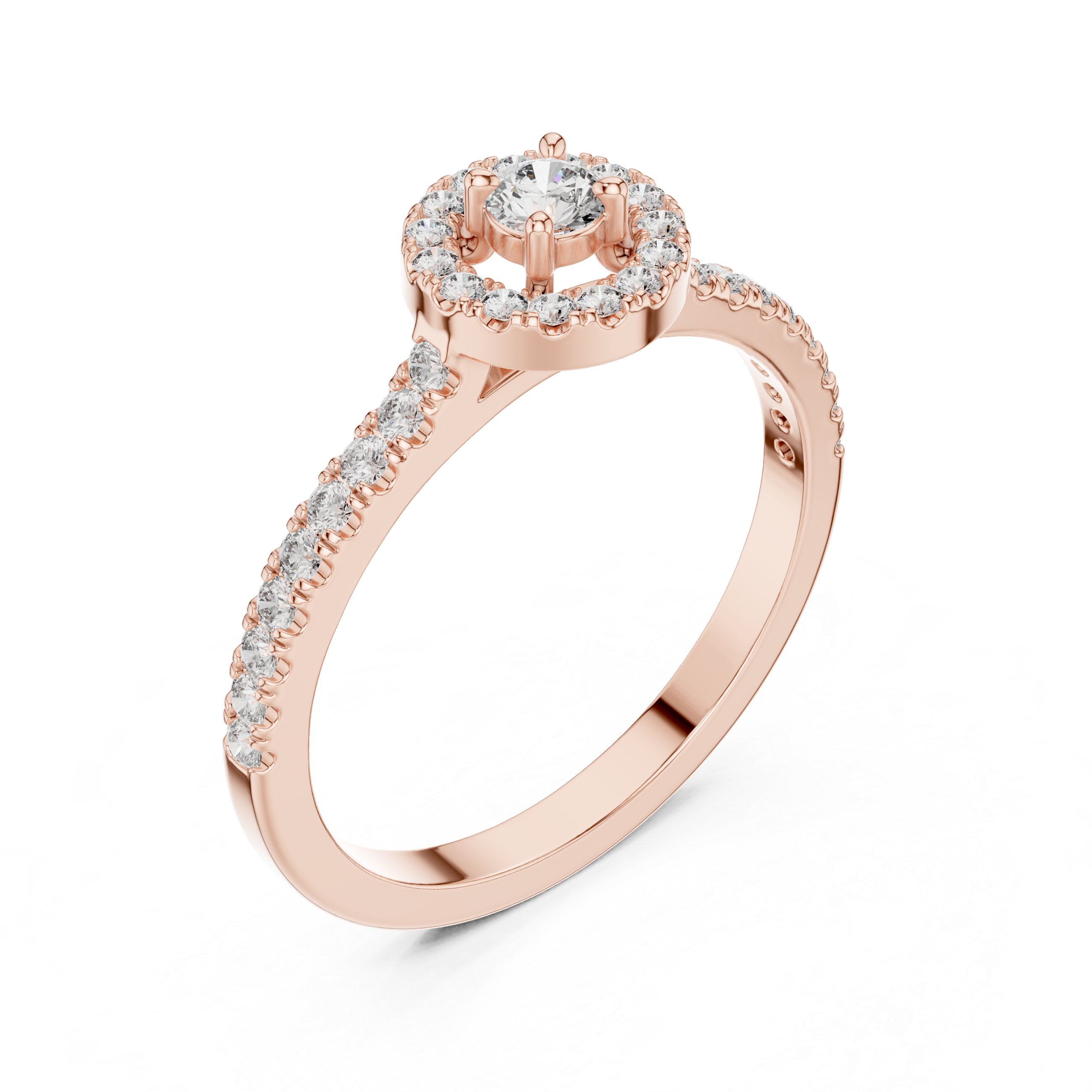 Round Cut Diamond Halo Solitaire Ring with Pavé Side Stones
