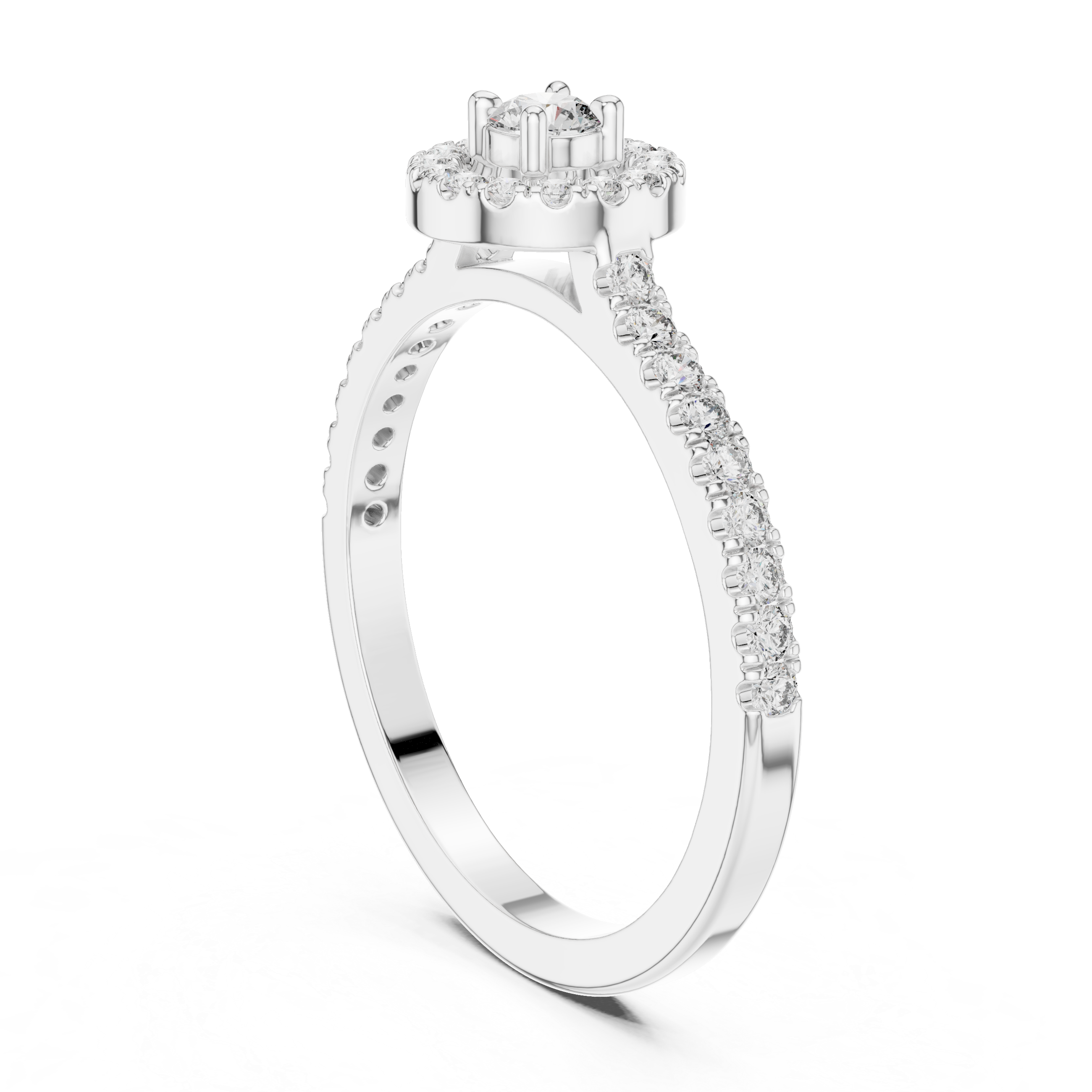 Round Cut Diamond Halo Solitaire Ring with Pavé Side Stones