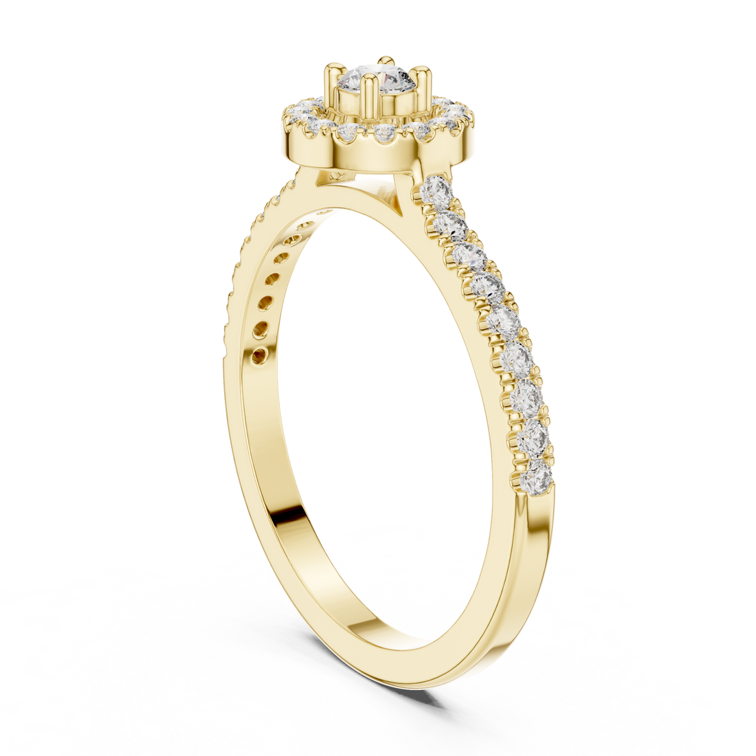 Round Cut Diamond Halo Solitaire Ring with Pavé Side Stones