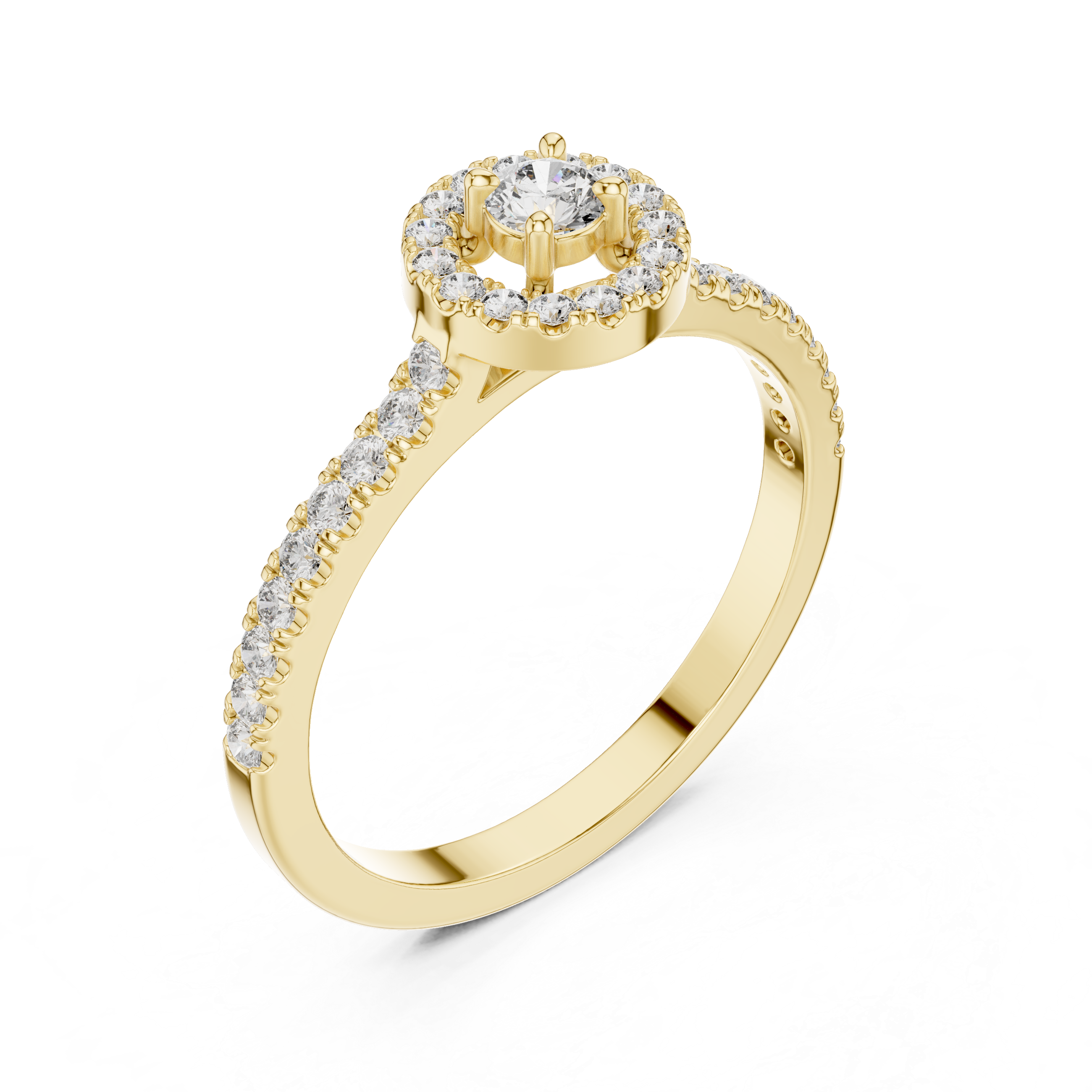 Round Cut Diamond Halo Solitaire Ring with Pavé Side Stones