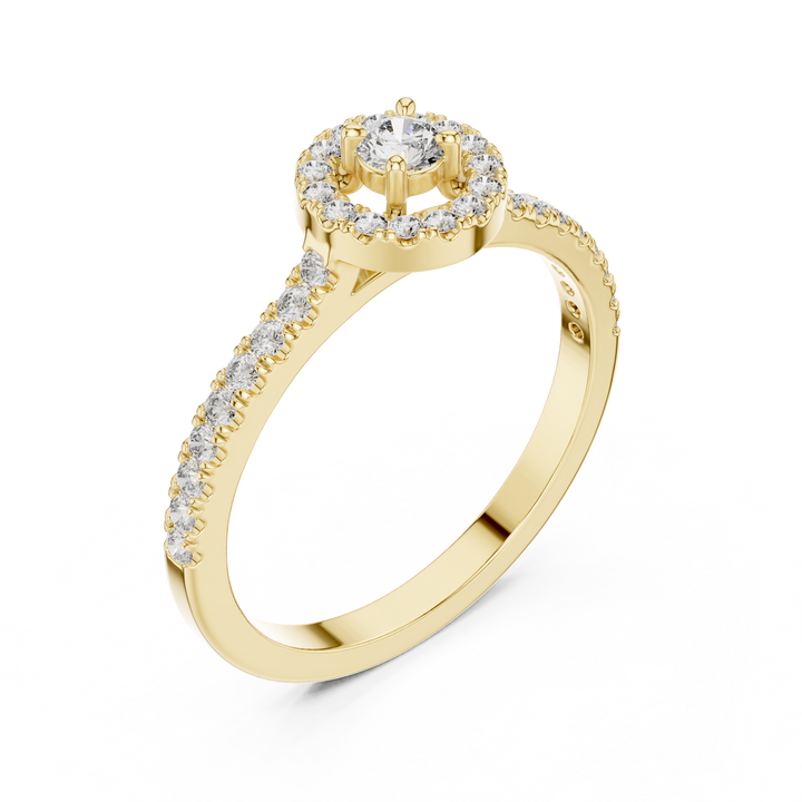 Round Cut Diamond Halo Solitaire Ring with Pavé Side Stones