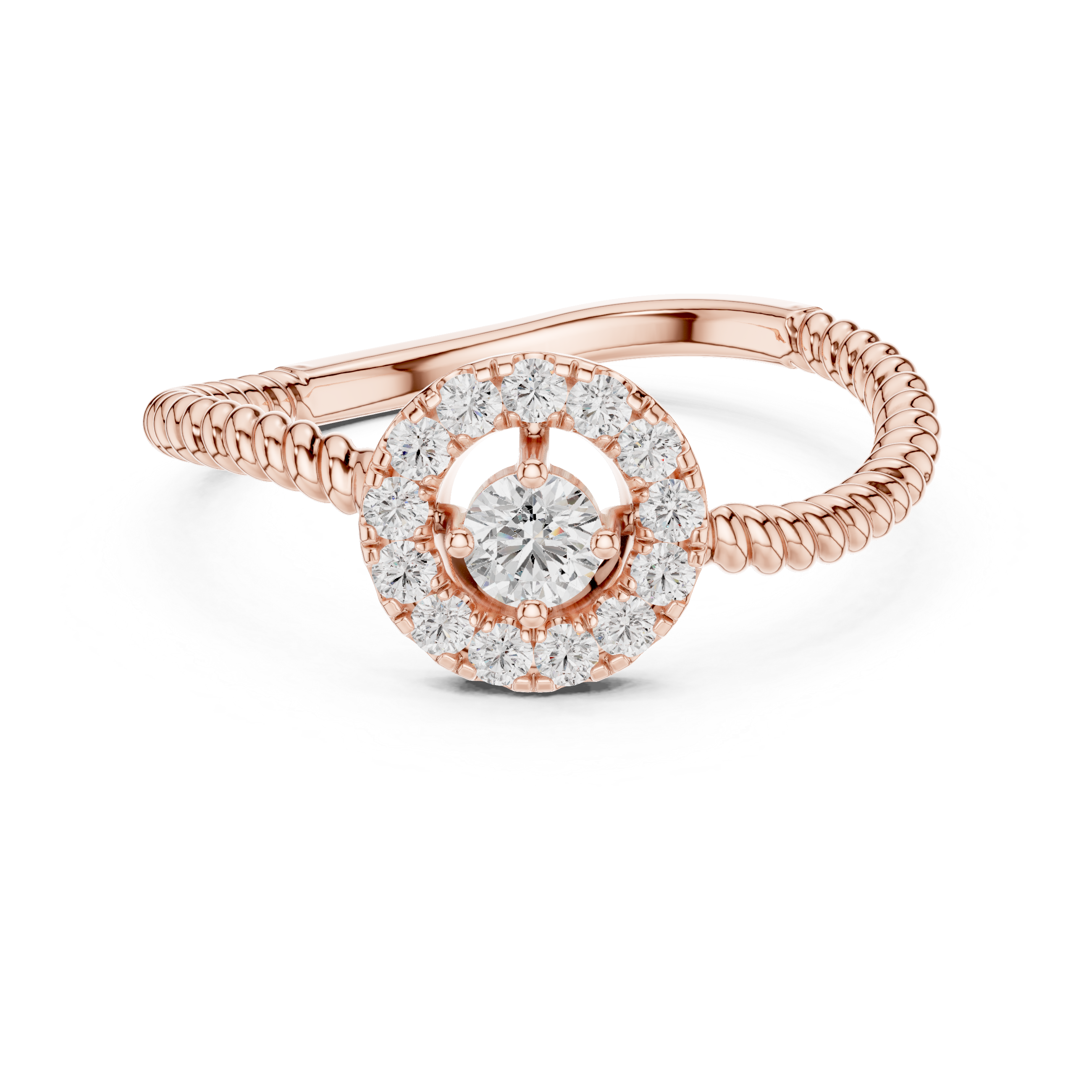 Round Cut Diamond Halo Ring with Twisted Band